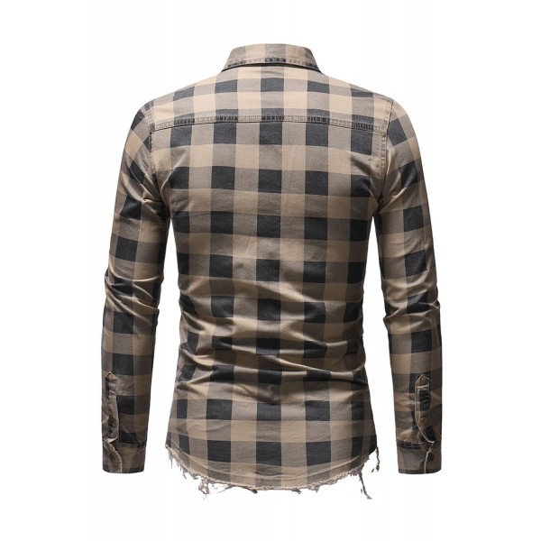 Khaki Men Raw Hem Plaid Pocket Shirt 